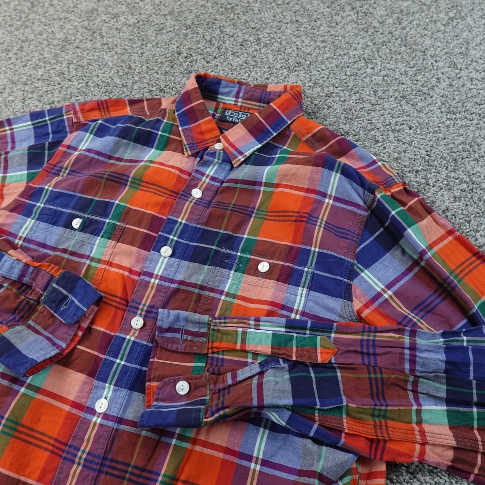 VTG Ralph Lauren Shirt Mens Madras Plaid Chambray Button Up Long Sleeve Work Top